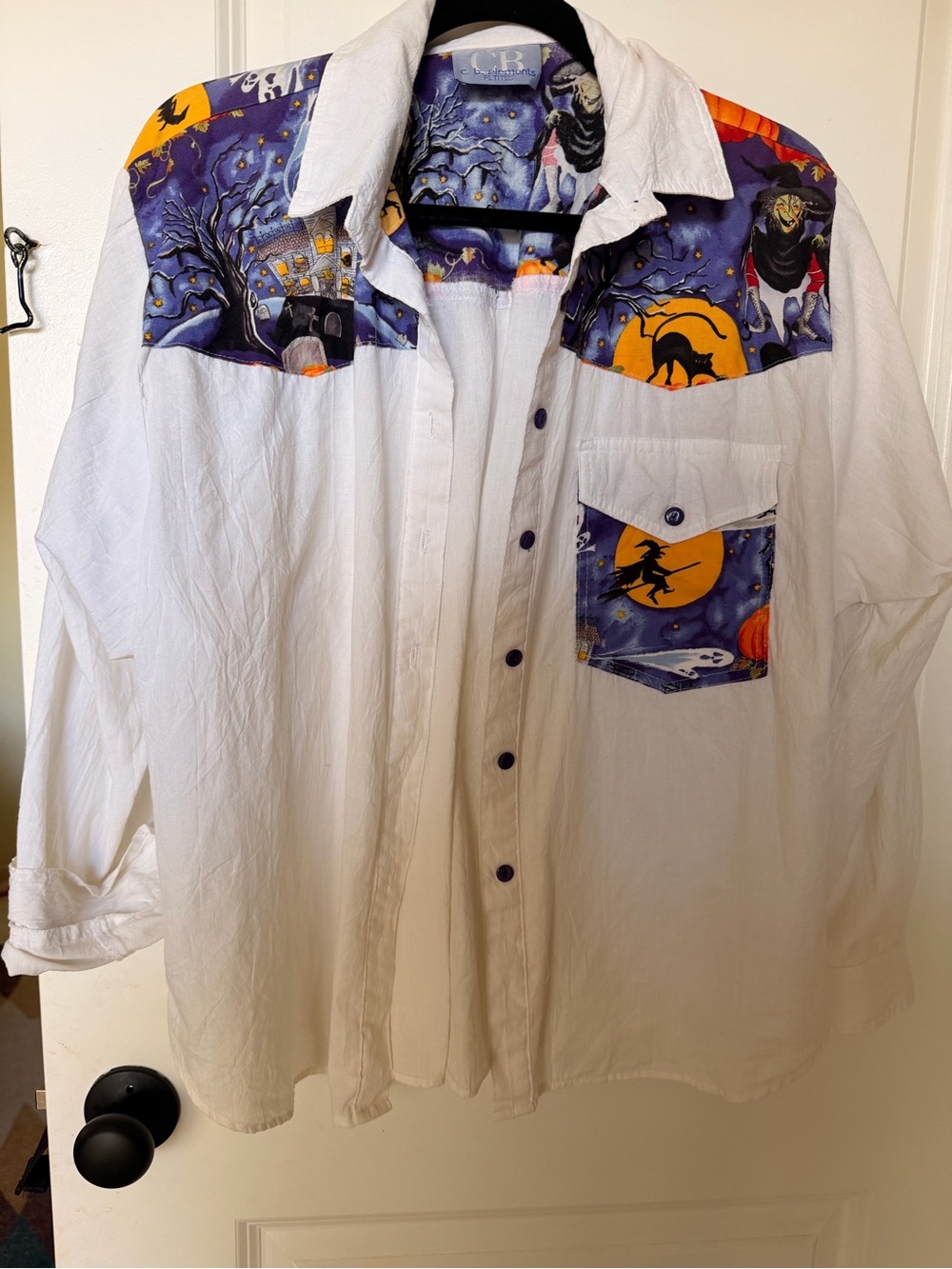 Women’s White Halloween Accent Button-Up Shirt made in USA